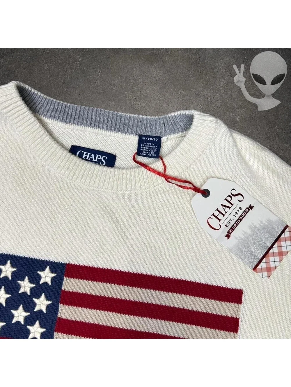 Chaps Mens American Flag Crewneck Sweater Cream Cotton Size XL New
